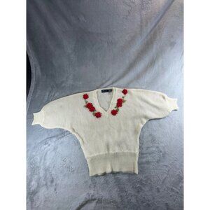 Vintage Beewear blouse Women's Medium off white w/Red Floral Embroidery knit